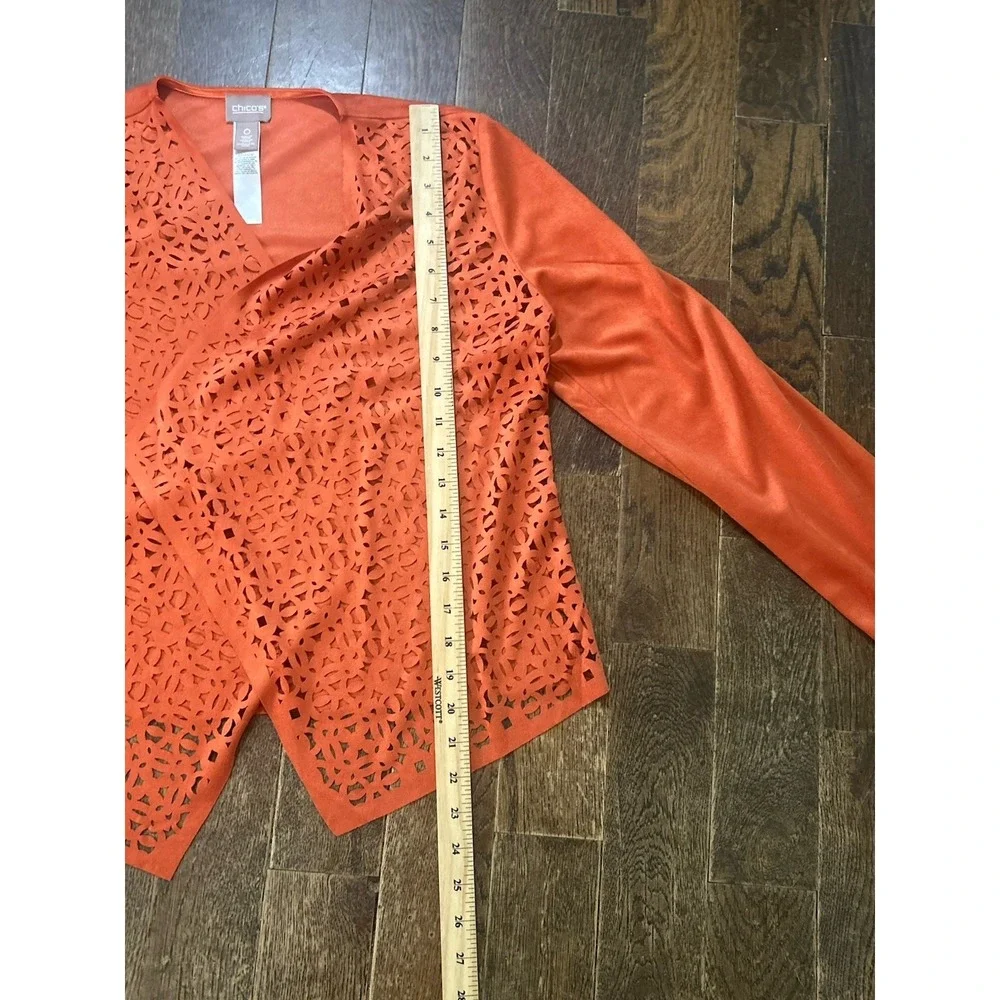 Chicos Size 0 (small)Orange Laser Cut Perforated Drape Front Faux Suede Jacket